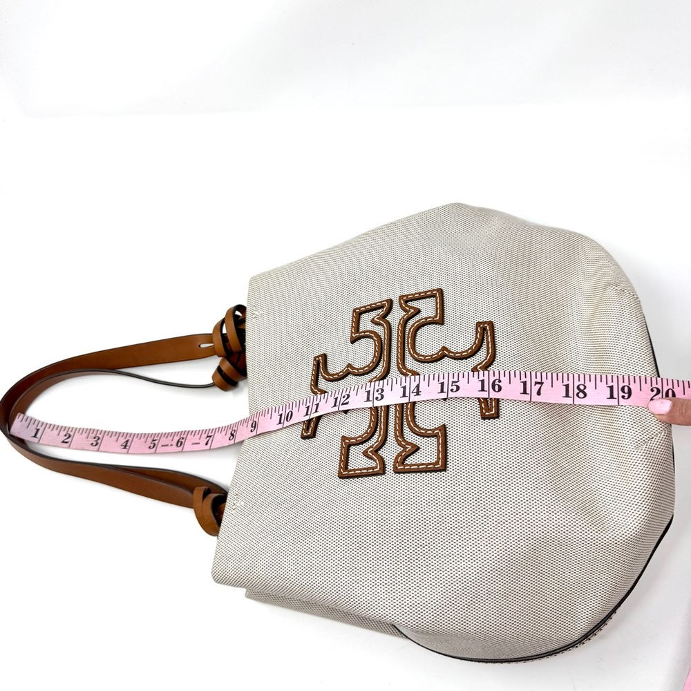 Authentic Tory Burch Small Canvas Round Tote Purse Natural / Classic - Picture 9 of 13